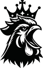 silhouette angry rooster head with crown vector logo isolated on white background