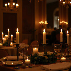 Romantic candlelit dinner setting with elegant tableware in a fine dining restaurant