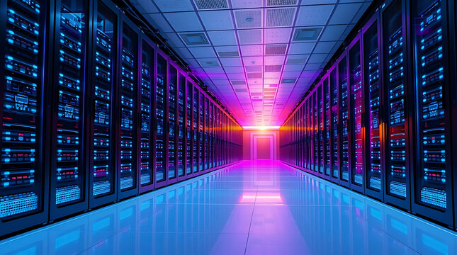 Modern data center with illuminated server racks in a secure server room with blue LED lighting
