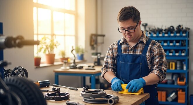 Man with down syndrome in checkered shirt blue apron working mechanical parts workshop with tools. Professional technician employee technical skills workplace inclusion. Disability employment
