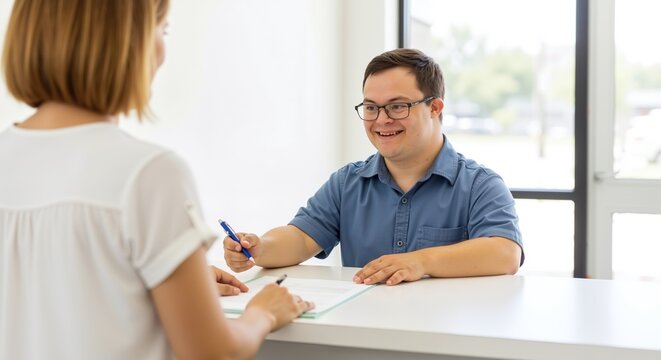 Smiling man with down syndrome in blue shirt glasses having meeting with woman colleague modern office. Professional employee workplace consultation communication. Disability employment inclusion