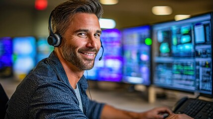 A smiling man wearing a headset looks towards the camera while working at a computer in a modern office setting.