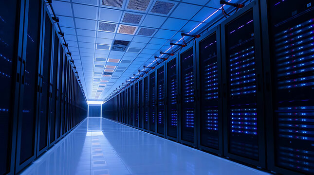 Modern data center with illuminated server racks in a secure server room with blue LED lighting
