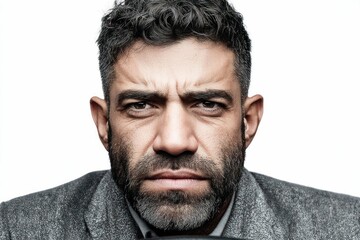 Fototapeta premium A close-up portrait of a middle-aged man with a beard, looking directly at the viewer with a serious expression.