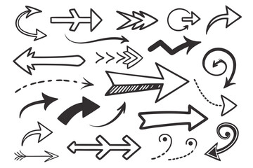 Hand-Drawn Arrow Vector Set with Sketchy Circular and Curved Shapes. Black Doodle Icons for UI Design Navigation, Infographic Charts, and Creative Presentation Graphics.

