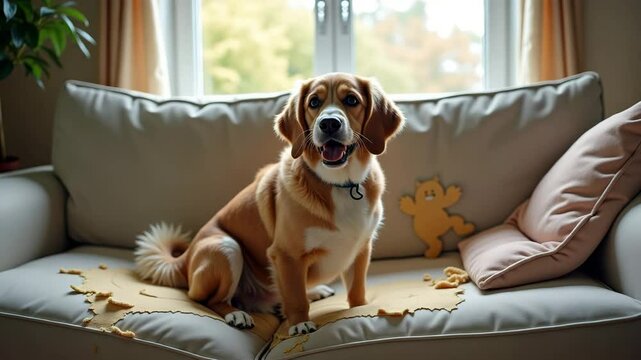  Playful dog sitting on a torn sofa with stuffing scattered around, representing household stress and pet-related conflict in daily life.