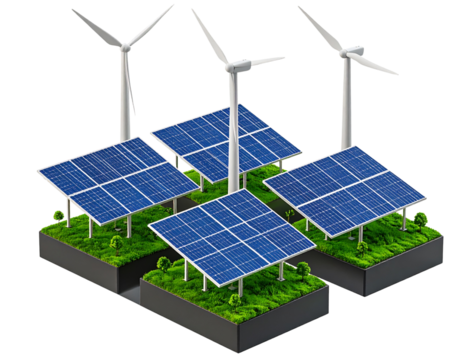 Isometric Eco Energy Illustration with Solar Grids and Wind Turbines on Floating Platforms, Transparent PNG