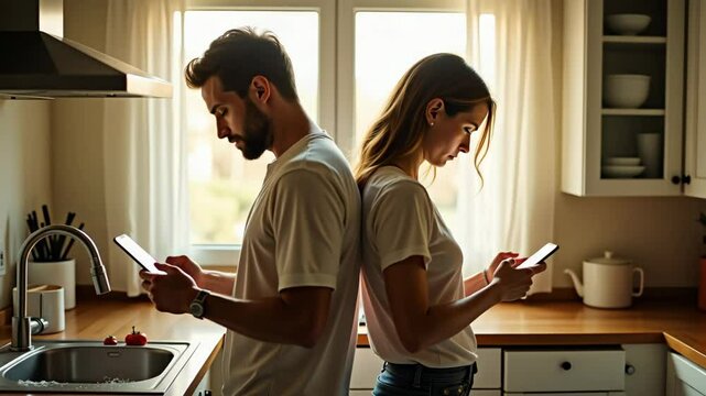  Young couple standing back-to-back in kitchen, both focused on their smartphones, highlighting disconnection and lack of communication in modern relationships.