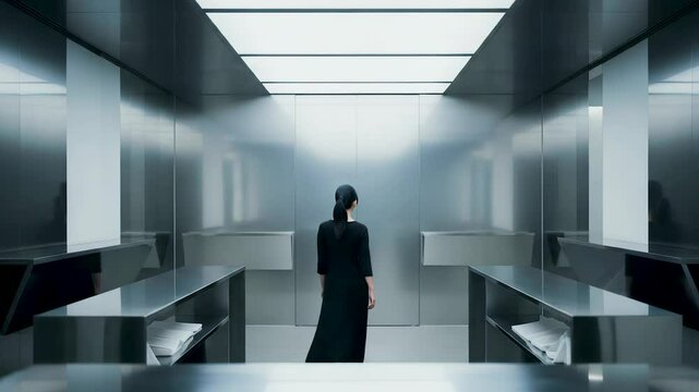 Hi tech corridor frames solitary woman in black dress, brushed steel vanities stretch endless, soft LEDs tint hi tech corridor silver, spotless lines magnify hi tech corridor serenity. 