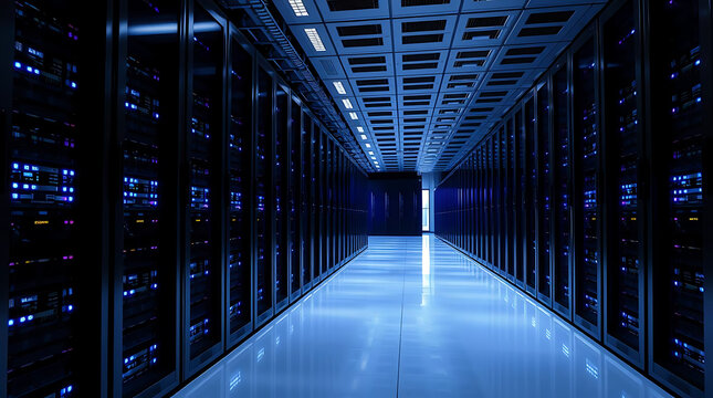 Modern data center with illuminated server racks in a secure server room with blue LED lighting
