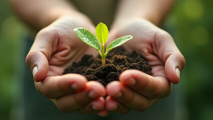 Cupped Hands Protecting a Dew-Covered Green Sprout