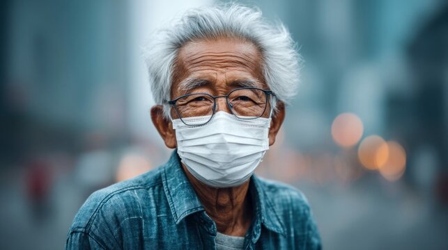 An elderly Asian man wearing a face mask and glasses, looking at the camera with a soft focus background.