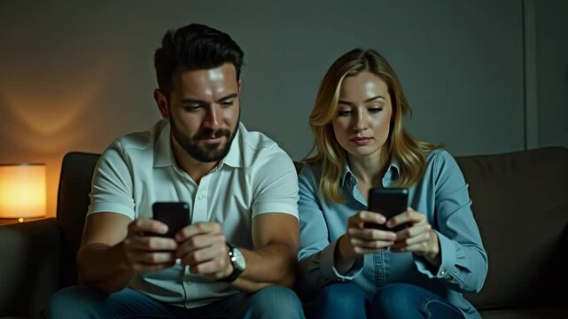  Smiling couple on couch each holding their own remote, subtly portraying tension or lack of agreement in domestic settings despite the cheerful appearance.