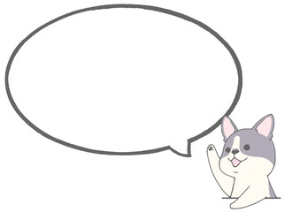 Speech bubble with illustration of a Cute French bulldog raising hand (pied)