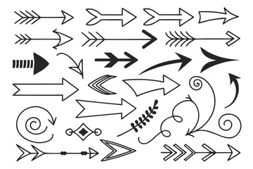 Hand-Drawn Arrow Doodle Set in Black Vector Style. Curved, Circular, and Zigzag Arrows for Creative Web Design, Presentation Templates, UI Navigation, and Infographics.

