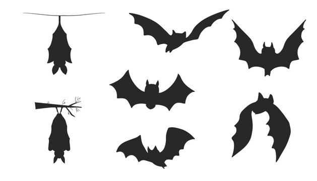 Set of hanging flying bat silhouettes for Halloween. Spooky black vector icons with wings and gothic vibes. Perfect for horror decor, party designs, or vampire themes.