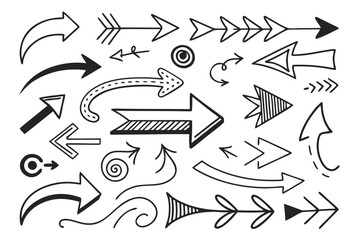 Black Hand-Drawn Arrows Set in Sketch Doodle Style. Vector Curved and Straight Arrows for UI Navigation Graphics, Infographic Projects, and Creative Presentation Layouts.


