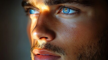 Captivating gaze Dramatic closeup of a mans striking blue eyes with lit by sunlight.
