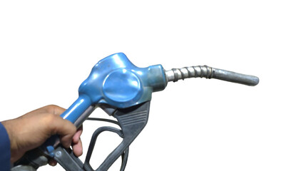 Blue-Handled Automatic Fuel Nozzle with Copy Text Space. Industrial and Functional Equipment...
