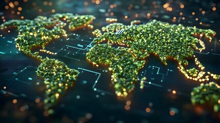 Global network map with illuminated green clusters.