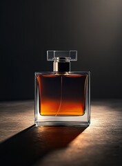 A square perfume bottle, amber-hued liquid, dramatic lighting