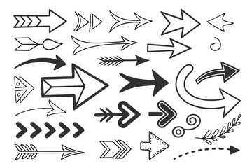 Hand-Drawn Arrows Vector Set Featuring Looping and Zigzag Shapes. Doodle Black Arrows for Use in Navigation Icons, Presentation Templates, and Infographic Designs.

