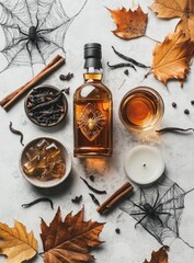 Autumnal Halloween drink still life featuring a bottle of amber liquid, a glass of drink, and various fall and spooky elements