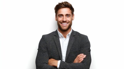 A handsome man in a blazer smiles with confidence against a white background, showcasing a professional and approachable demeanor.