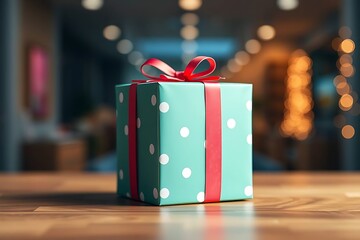 Adorable and charming 3D-rendered cube-shaped gift box with a ribbon, perfect for festive scenes, holiday packaging concepts, and cheerful decorative digital illustrations