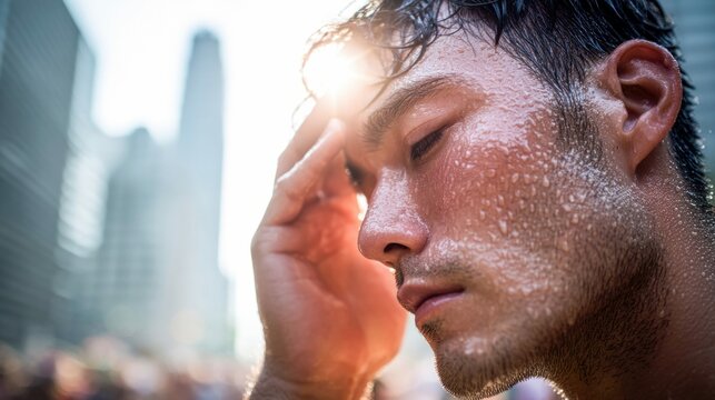 Close-up of a sweating man in a city setting, his face showing exertion and heat, with a blurred background.
