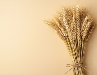 A bunch of dried wheat stalks rests on a muted beige surface