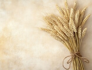 A cluster of golden wheat stalks tied with twine sits in the upper right corner of a light beige textured background