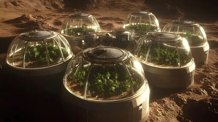 Martian habitat domes with growing plants.