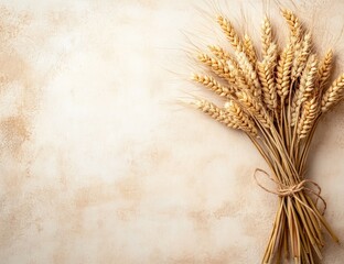 Dried wheat stalks clustered, light beige background