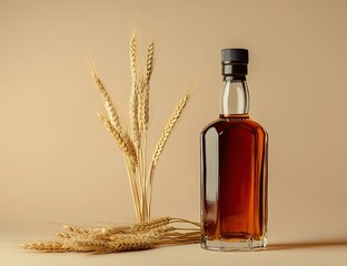 A bottle of amber liquid sits beside wheat stalks on a light beige surface