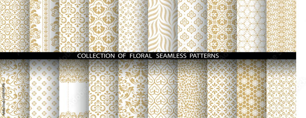 Poster geometric floral set of seamless patterns. white and golden vector backgrounds. damask graphic ornam