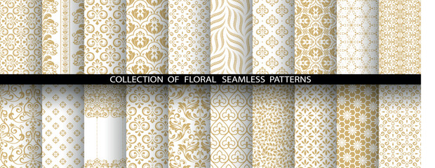 Geometric floral set of seamless patterns. White and golden vector backgrounds. Damask graphic ornaments