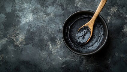 Dark clay mask in bowl with wooden spoon