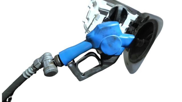 Blue-Handled Automatic Fuel Nozzle with Copy Text Space. Industrial and Functional Equipment Element for Fuel Station Designs, Energy Ads, and Automotive Concepts. PNG File