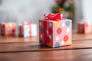 Adorable and charming 3D-rendered cube-shaped gift box with a ribbon, perfect for festive scenes, holiday packaging concepts, and cheerful decorative digital illustrations