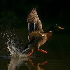 Water Fan Traces from Duck Wings Taking Off from a Forest Lake