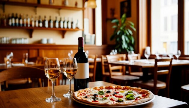A wooden table in a cozy restaurant setting with a pizza topped with vegetables and a bottle of red wine. Two glasses of white wine are placed beside the pizza.