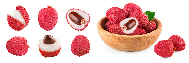 Fresh lychee with leaves in wooden bowl isolated on white background. clipping path