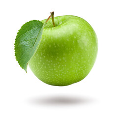 green apples with green leaves isolated on white background. clipping path