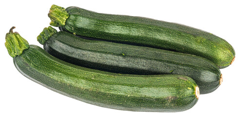 Three green zucchinis or courgettes on transparent png background