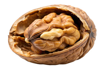  cracked open walnut with visible nut isolated on white background, PNG