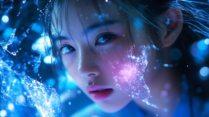 Futuristic Glass and Water Molecular Designs: A Conceptual Exploration of Advanced Skincare and Cosmetic Innovation, Blending Organic Patterns, Bioluminescence, and Minimalist 3D Aesthetics