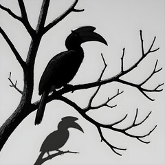 Fototapeta premium A Hornbill Perched on a Leafless Branch with Harsh Midday Shadow Contrast