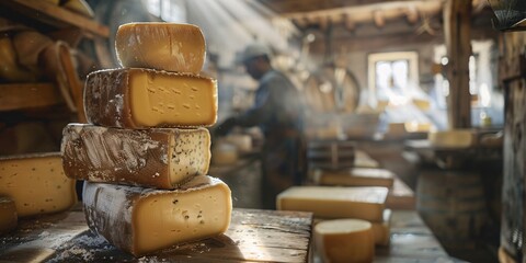 A stack of artisan cheeses ages in a rustic farm cellar with a cheesemaker