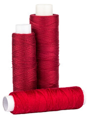 Spools with red thread for sewing, craft supply, isolated objects on transparent png background